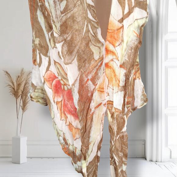 Chicos Gauzy Linen Poncho Size L/XL Orange Brown Floral Print Boho - Picture 7 of 10